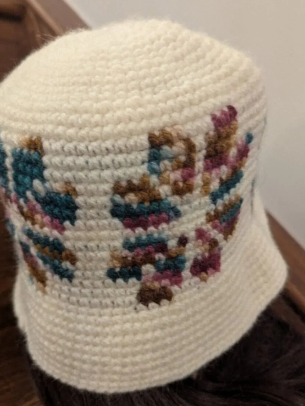 Y2K Multicolor Crochet Wool Ivory Bucket Hat, Granny Star Quilt Design OS - Picture 4 of 10
